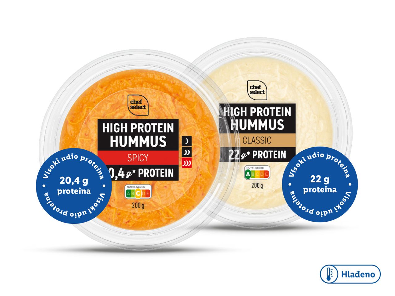 Dva pakiranja Chef Select visokoproteinskog humusa, začinjenog i klasičnog.