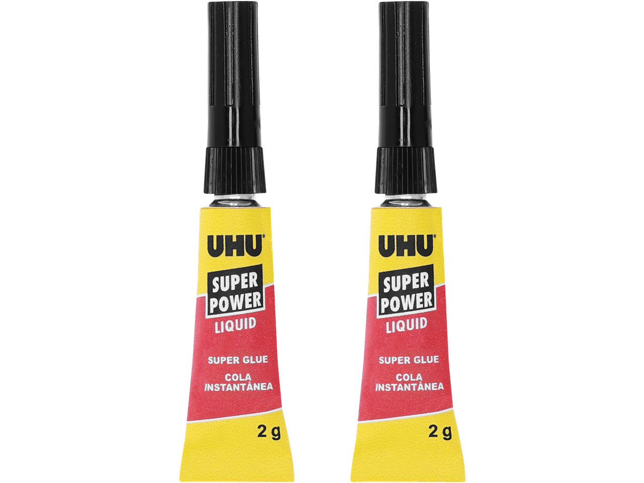 Duas bisnagas de cola UHU Super Power Líquida, 2g cada.