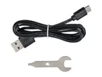USB-A to USB-C cable and a small metal wrench on a white background.