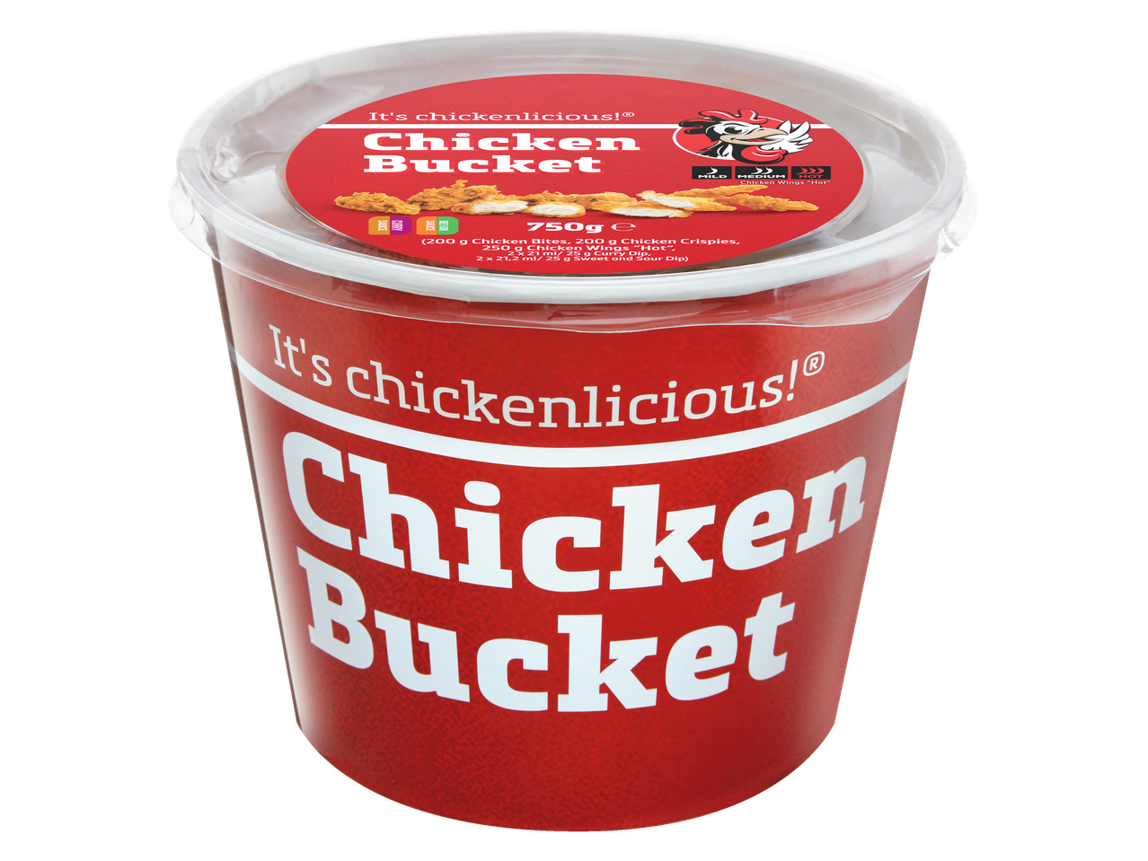 Balde de frango frito MCENNEDY com asas, pedaços e crocantes, com molhos.