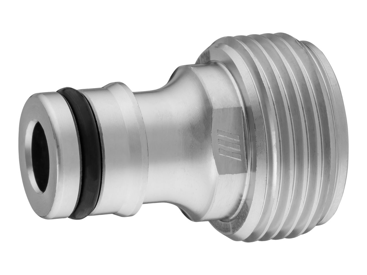 Silver metal garden hose connector with a black rubber O-ring, isolated on white.