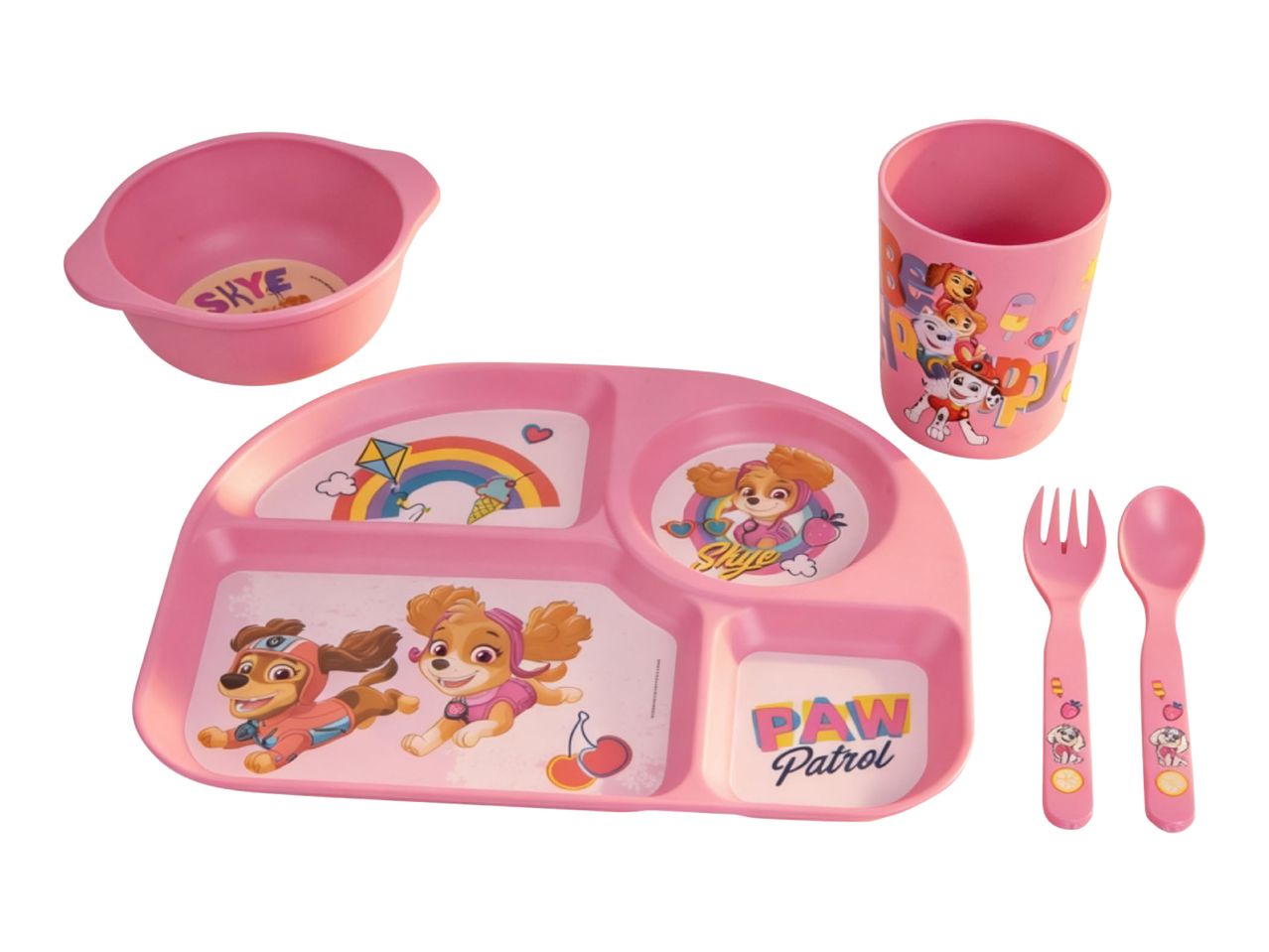 Pink children's dining set with bowl, divided plate, cup, fork, and spoon, featuring cartoon dogs.