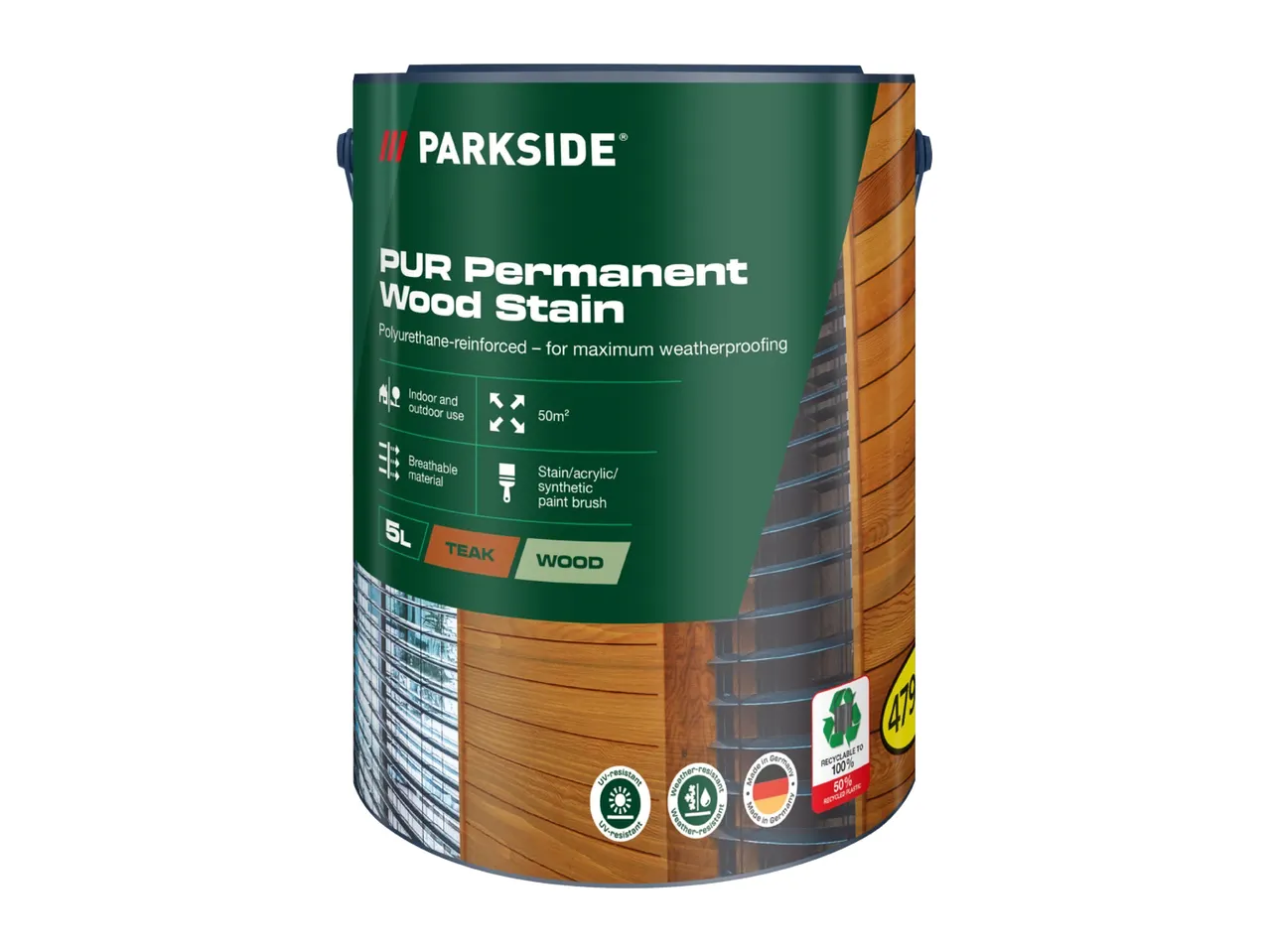 5L polyurethane-reinforced wood stain for indoor/outdoor use, teak wood color, 50m² coverage.