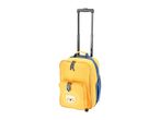 Yellow children's rolling suitcase with a lion face design and blue accents