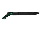 A green and black garden saw with a black protective sheath.