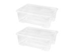 Two clear plastic storage boxes with lids, stacked diagonally on a white background.
