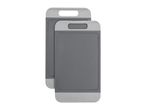 Two grey plastic cutting boards with handles