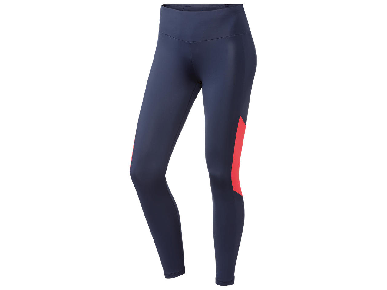 Legging de sport bleu marine avec empiècements rouges sur les côtés.