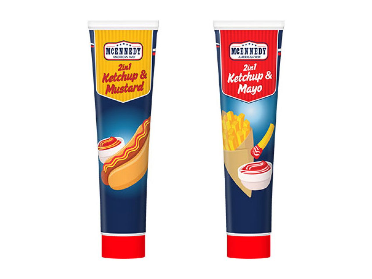 Two tubes of 2-in-1 ketchup and mustard, and ketchup and mayo, with hot dog and fries.