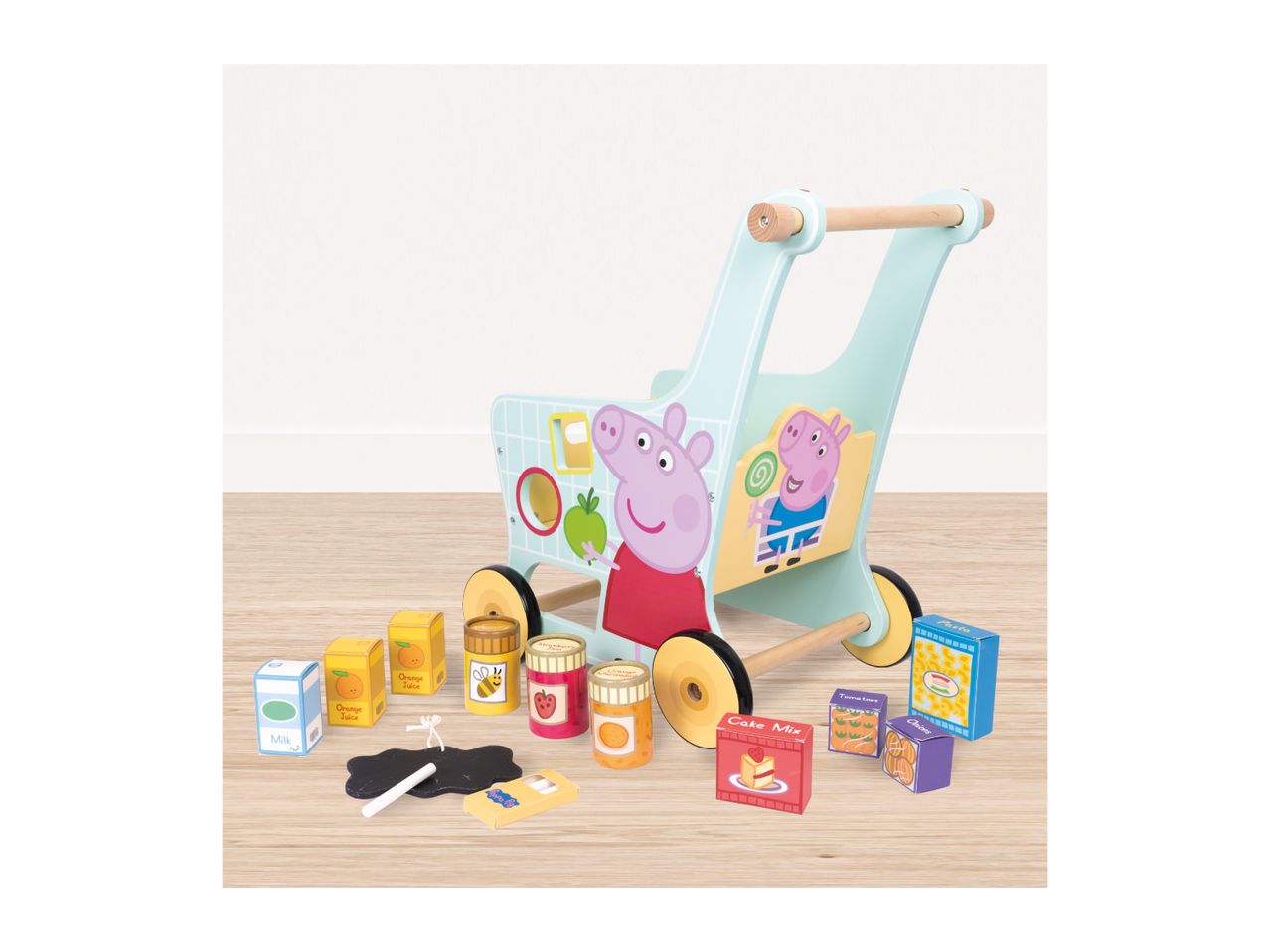 A light blue wooden baby walker with Peppa Pig characters, surrounded by toy food items.