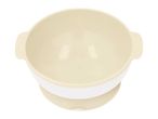 Top-down view of a two-tone baby bowl with handles, featuring a cream interior and a white exterior.