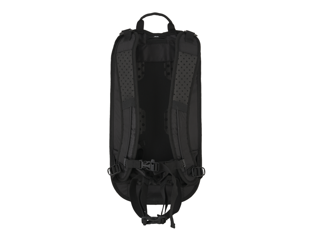 Задна част на черна раница с подплатени презрамки и катарами.