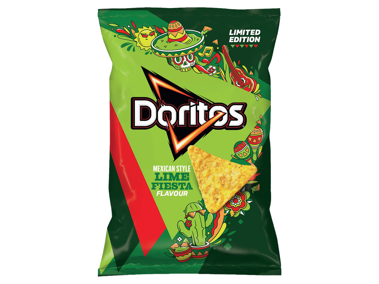 Mexikói stílusú, lime ízesítésű tortilla chips zöld színű csomagolásban.