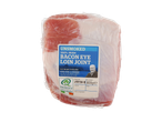 Unsmoked Irish Bacon Eye Loin Joint in clear packaging.