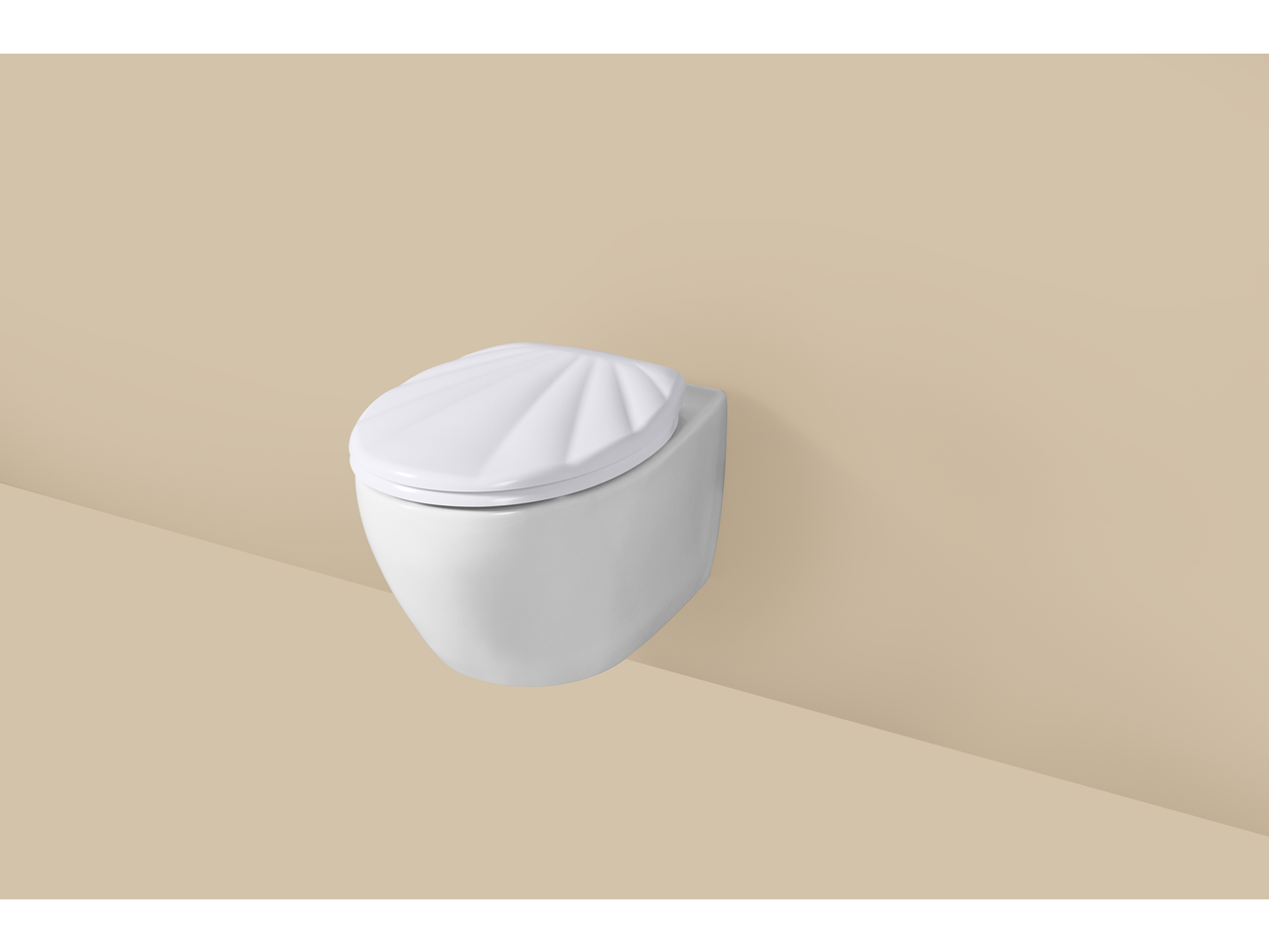Wall-mounted toilet with a shell-patterned lid against a beige background.