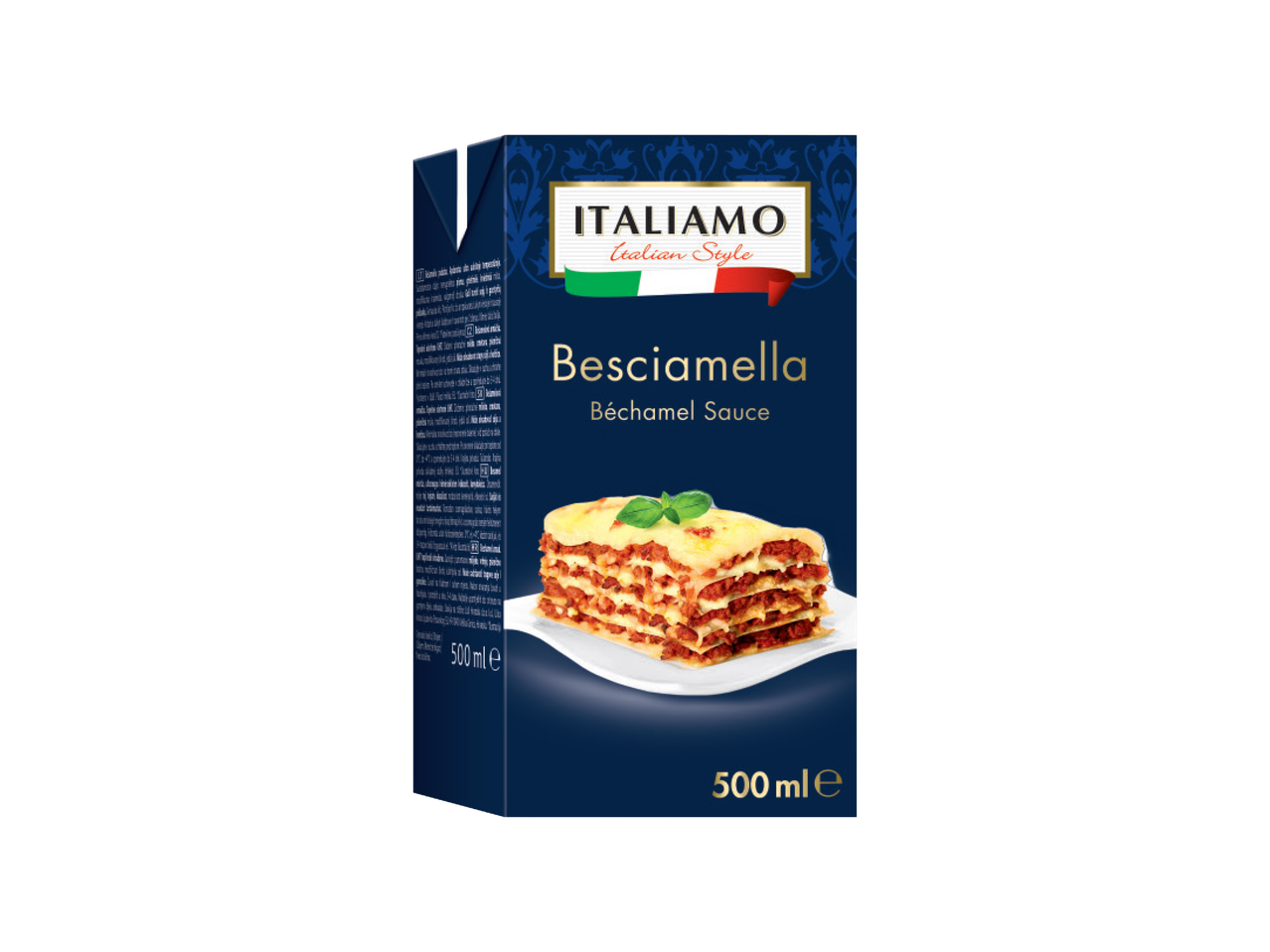 Pakovanje bešamel sosa sa slikom lazanje i natpisom 'Italian Style'.