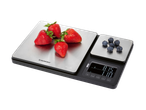 Balança de cozinha com morangos e mirtilos, exibindo 8.15g e 110.