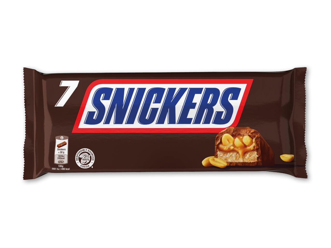 Chokoladebar med nødder og karamel, med ernæringsoplysninger og et 100% ansvarligt indkøbt kakao-logo.