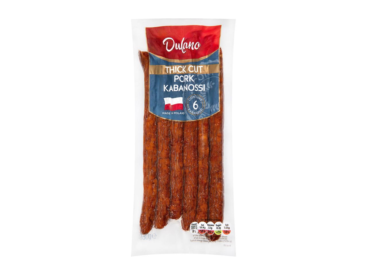 Dulano Thick Cut Pork Kabanosi: 6 sausages.