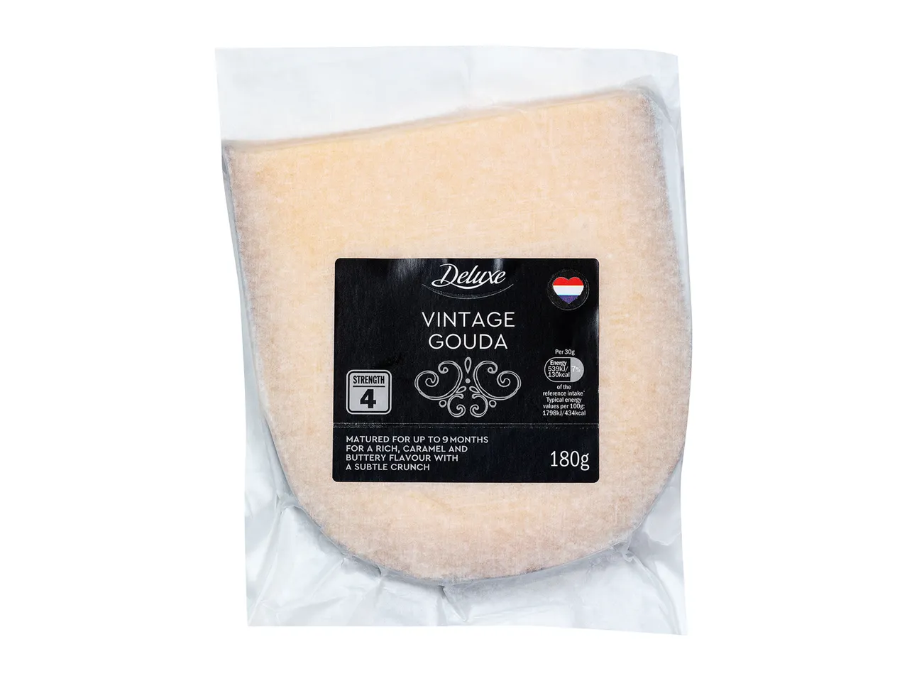 Deluxe Vintage Gouda cheese: rich, caramel and buttery flavour.