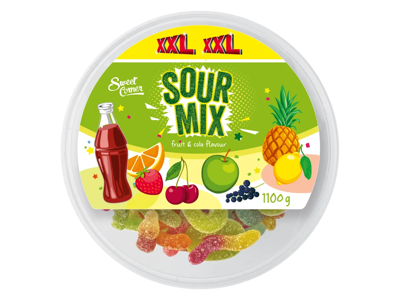 Sweet Corner's XXL Sour Mix fruit en cola gummibeertjes.
