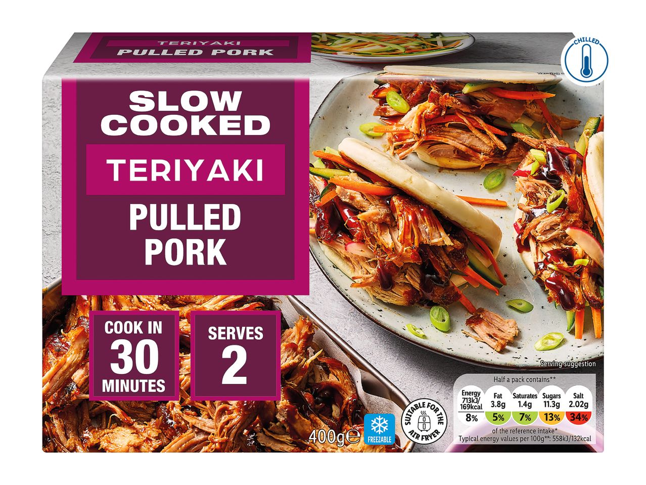 Slow-cooked teriyaki pulled pork in a 400g pack, serving 2, with nutritional information.