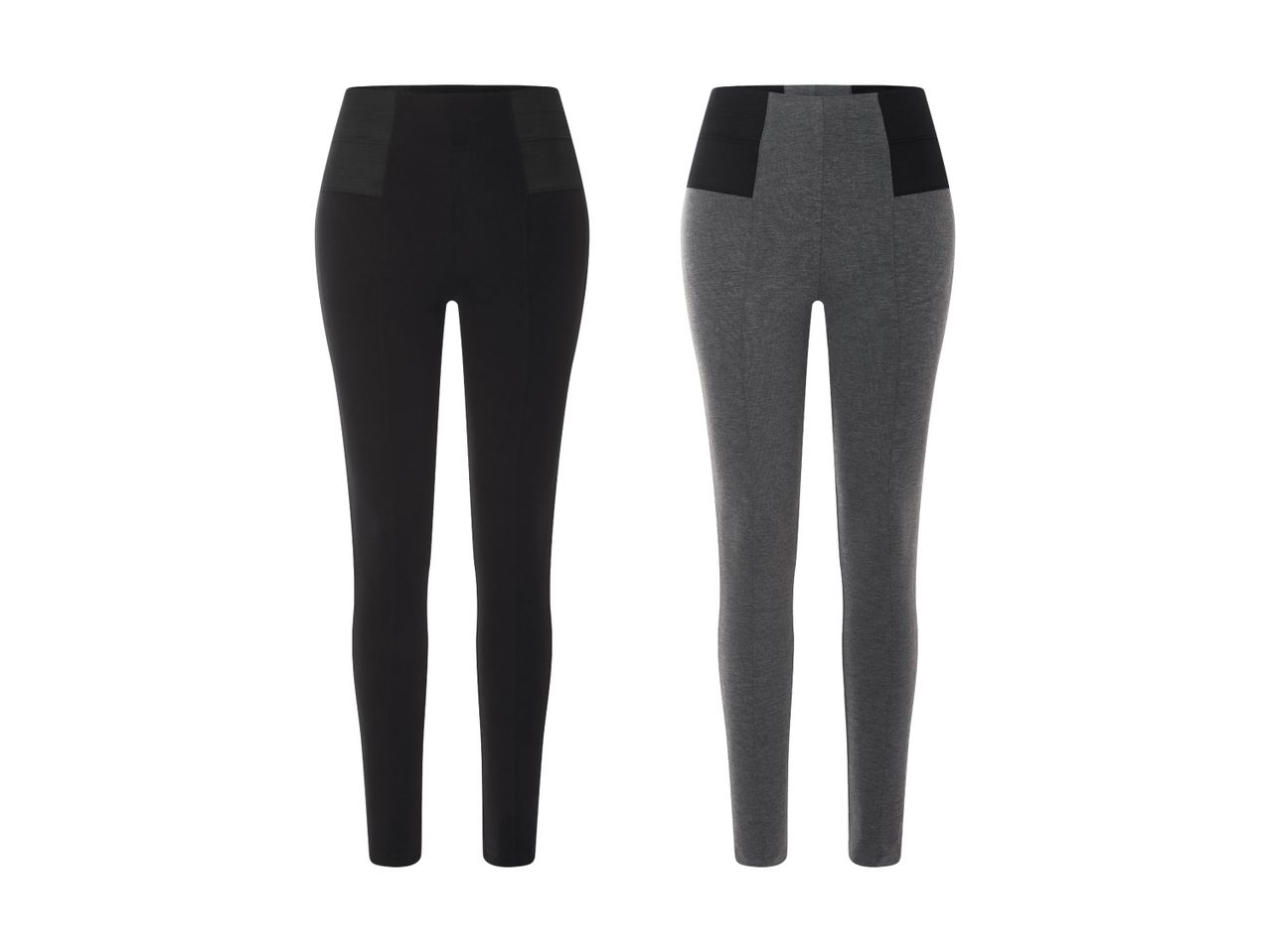 To par leggings, et sort og et gråt, med høj talje og brede elastiske paneler.