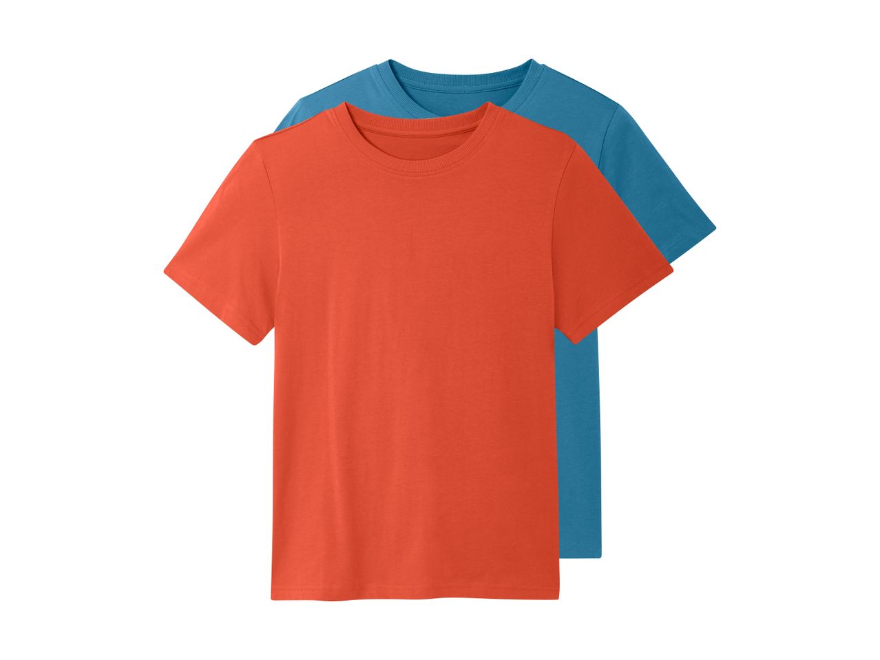 To ensfarvede T-shirts, en orange og en blå, ligger oven på hinanden.