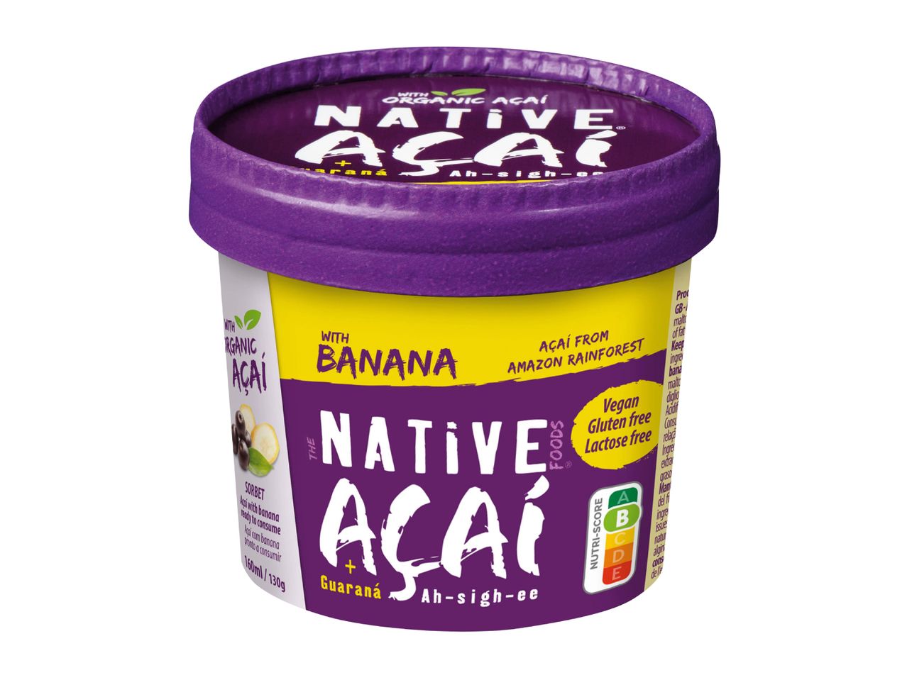 Organic açaí and banana sorbet with guarana, vegan, gluten and lactose-free.