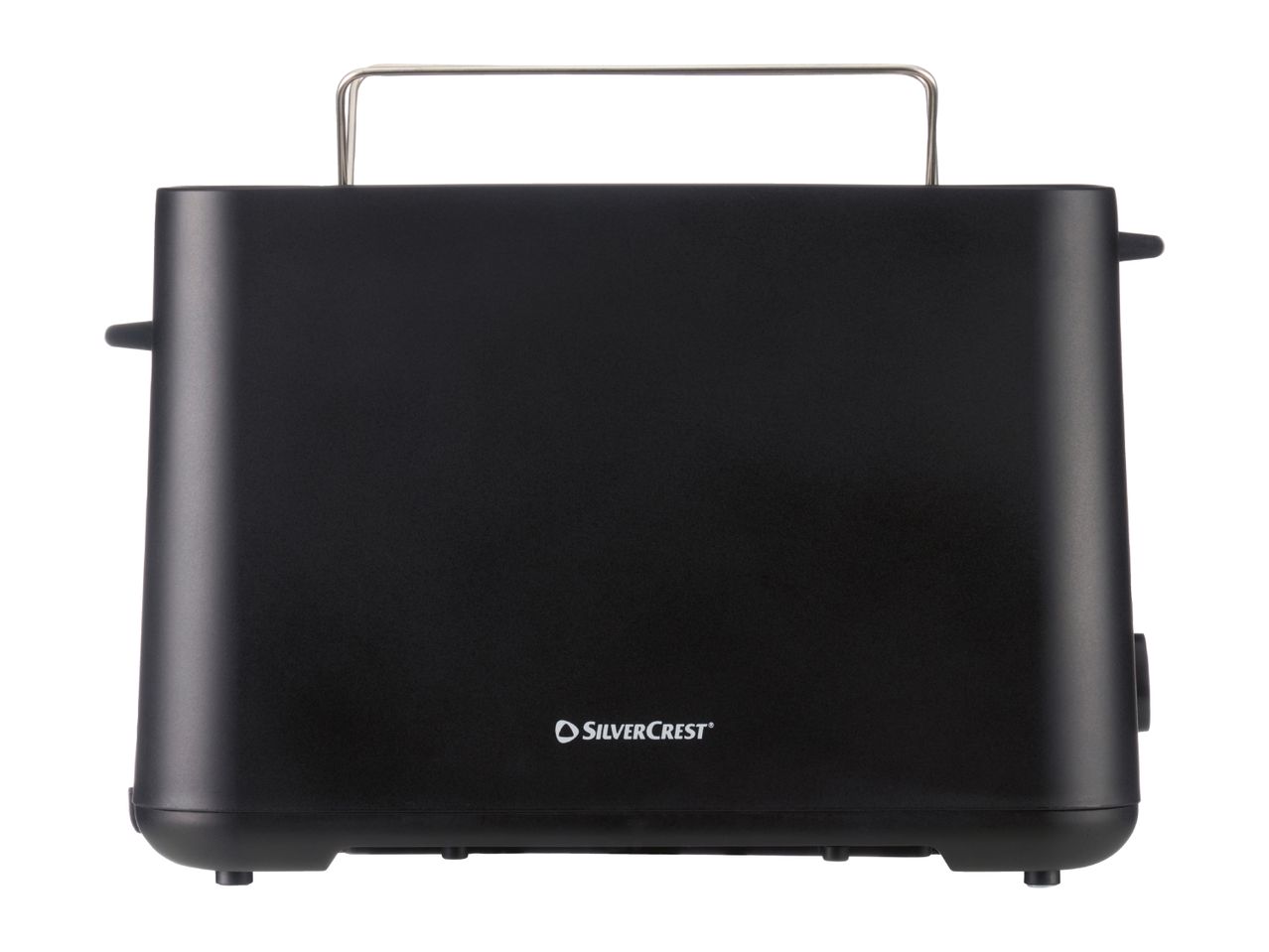 Black toaster with a metal rack on top, viewed from the back.