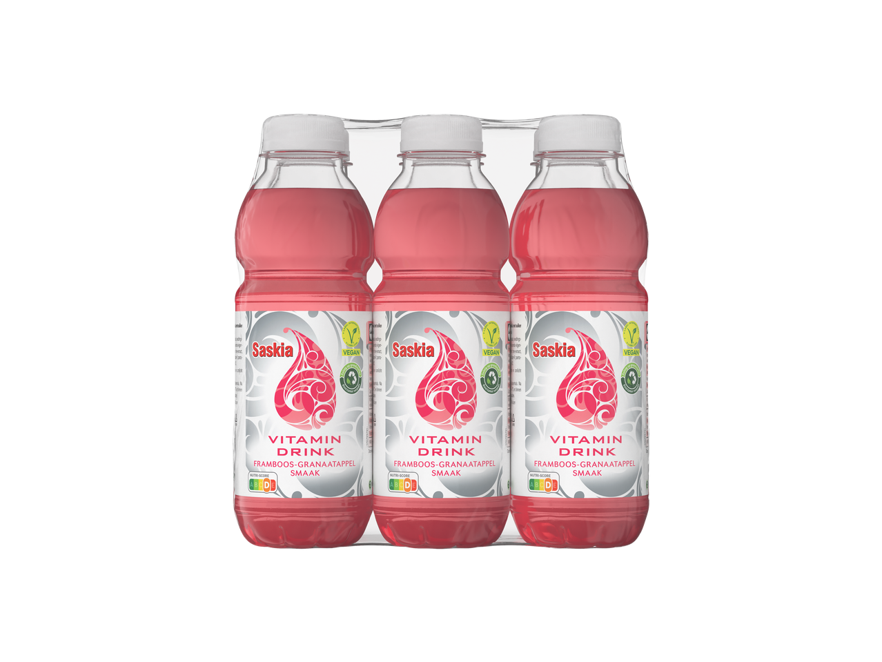 Vier flesjes Saskia framboos-granatappel vitamine drank.