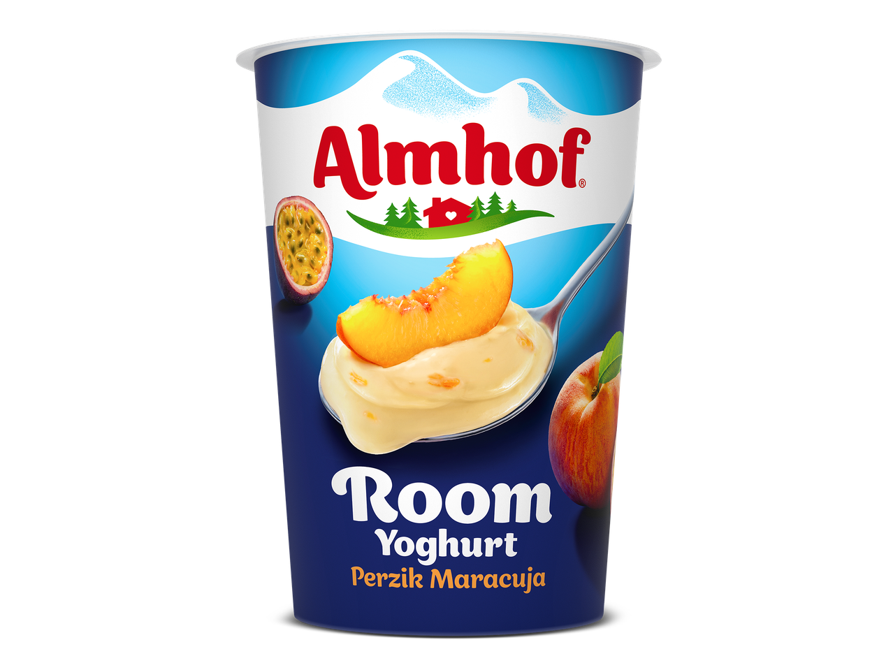 Een beker romige yoghurt met de smaak perzik en maracuja.