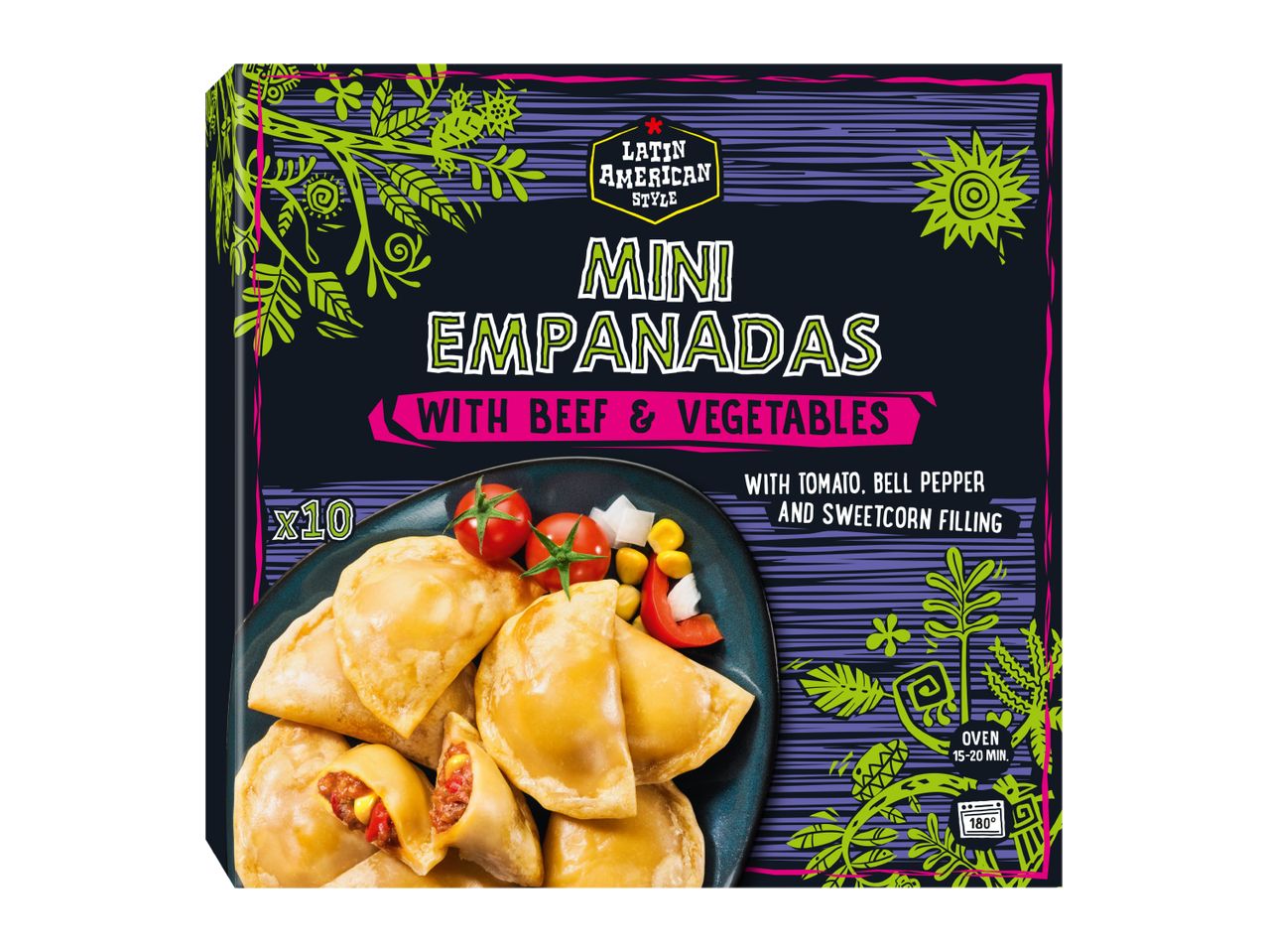 Mini empanadas with beef and vegetables, Latin American style, with cooking instructions.