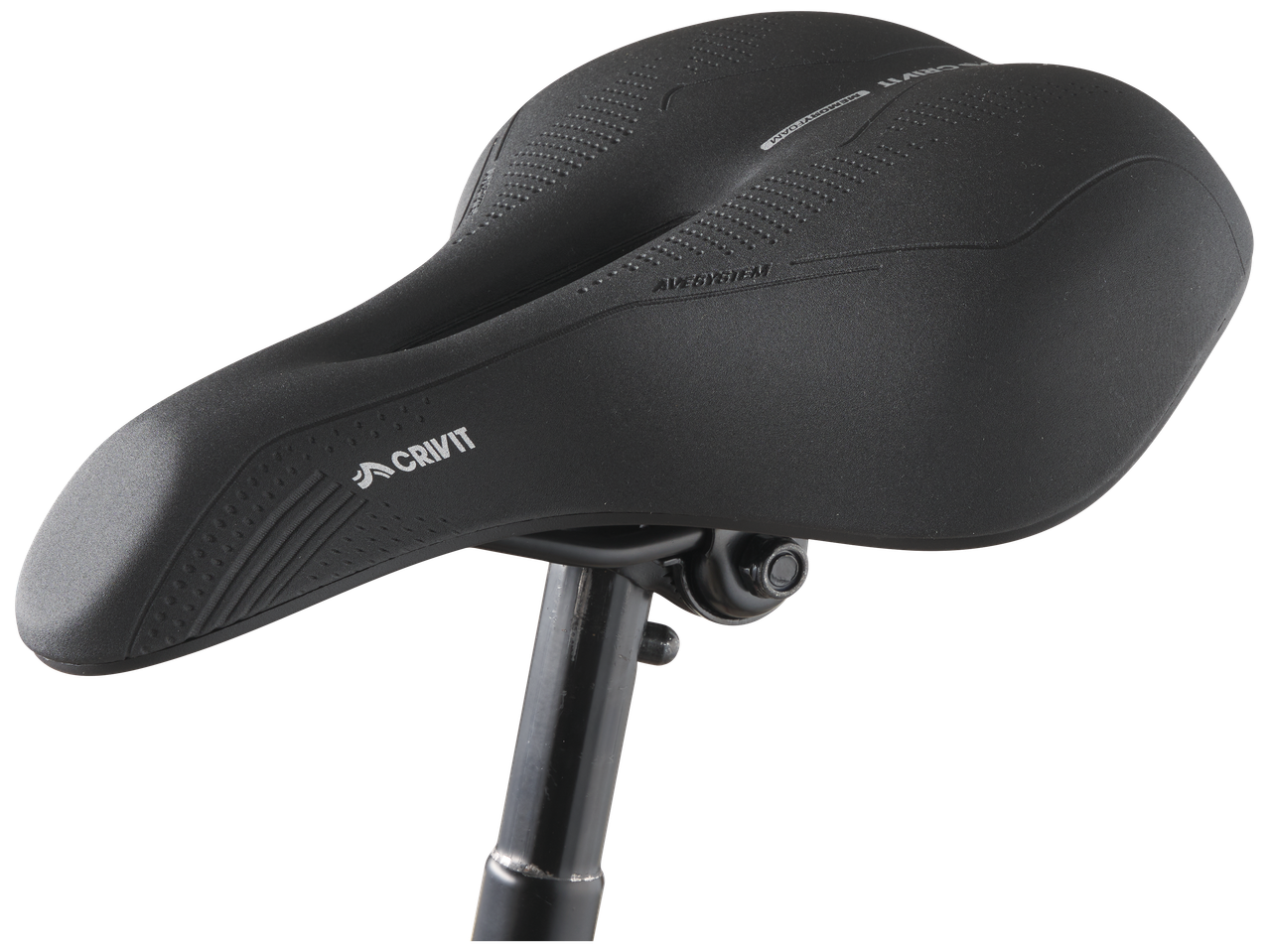 Selle de vélo noire avec système de ventilation et mousse à mémoire de forme.