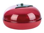 A red apple-shaped plastic container with a clear lid.