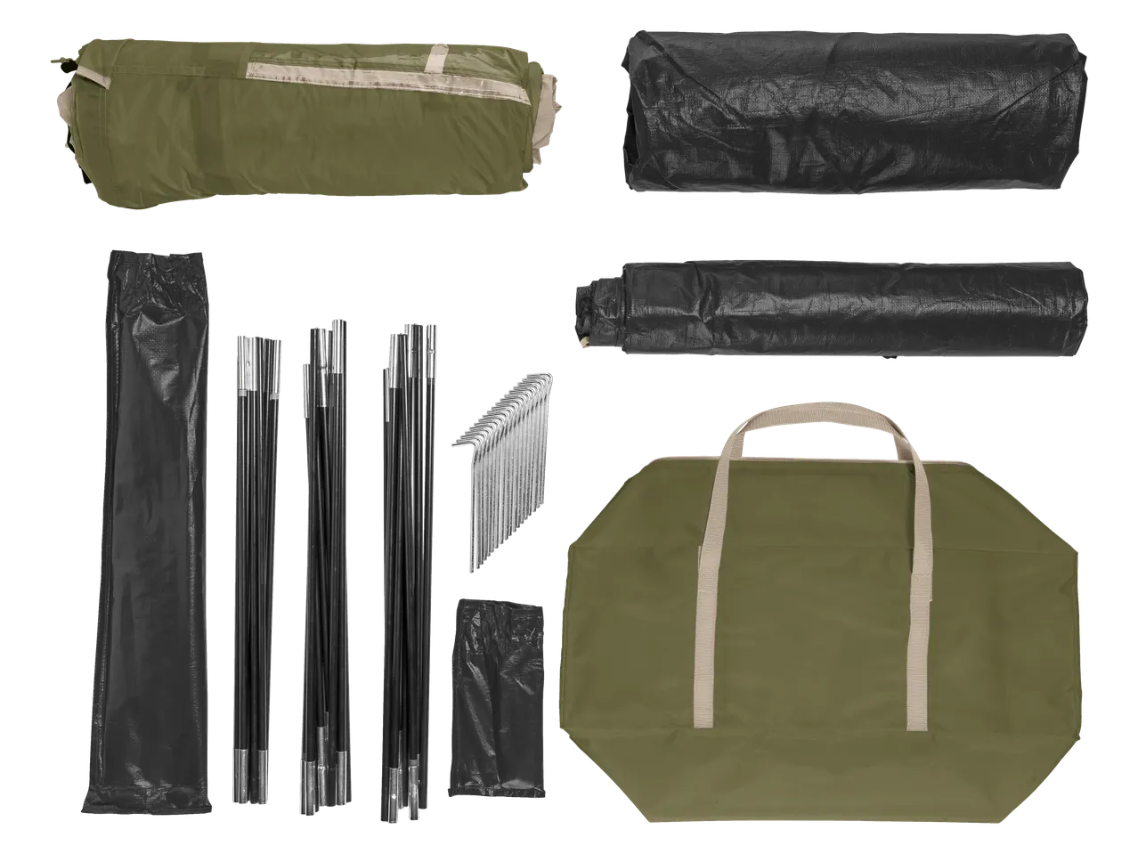 Camping tent components: rolled tent, tarps, poles, stakes, and carry bags.