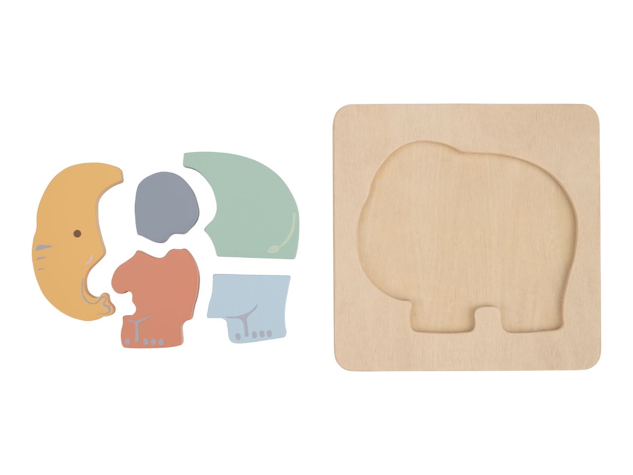 Wooden elephant puzzle with colorful pieces and a wooden base.