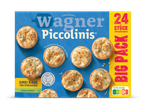 Verpakking van 24 mini-pizza's met drie kazen, knapperig en perfect om te delen, vegetarisch.