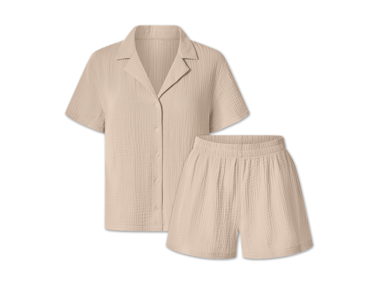 Beigefarbenes Pyjama-Set aus Musselin mit Kurzarmhemd und Shorts.