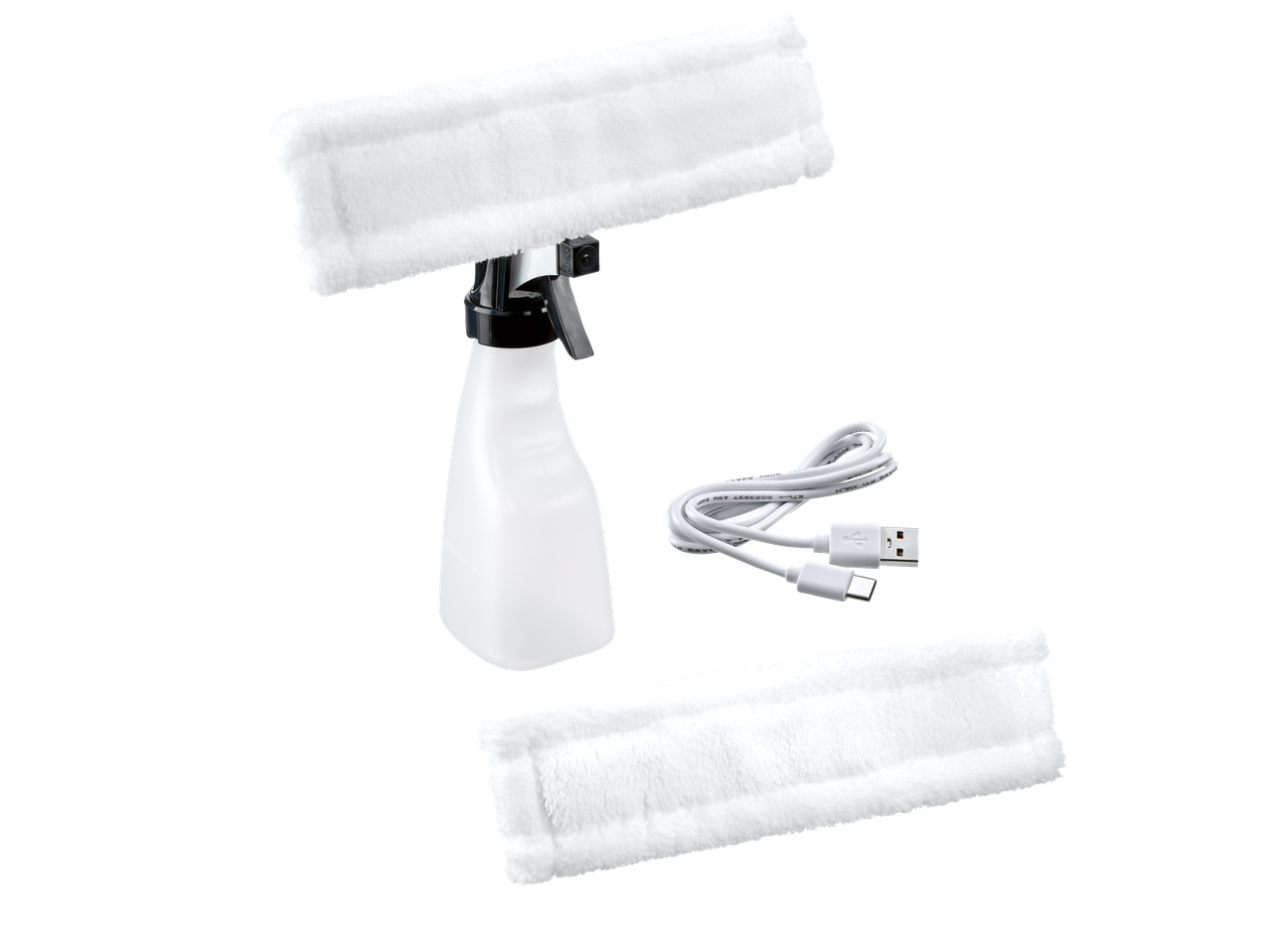 Window cleaner with spray bottle, two microfiber pads, and a USB charging cable.
