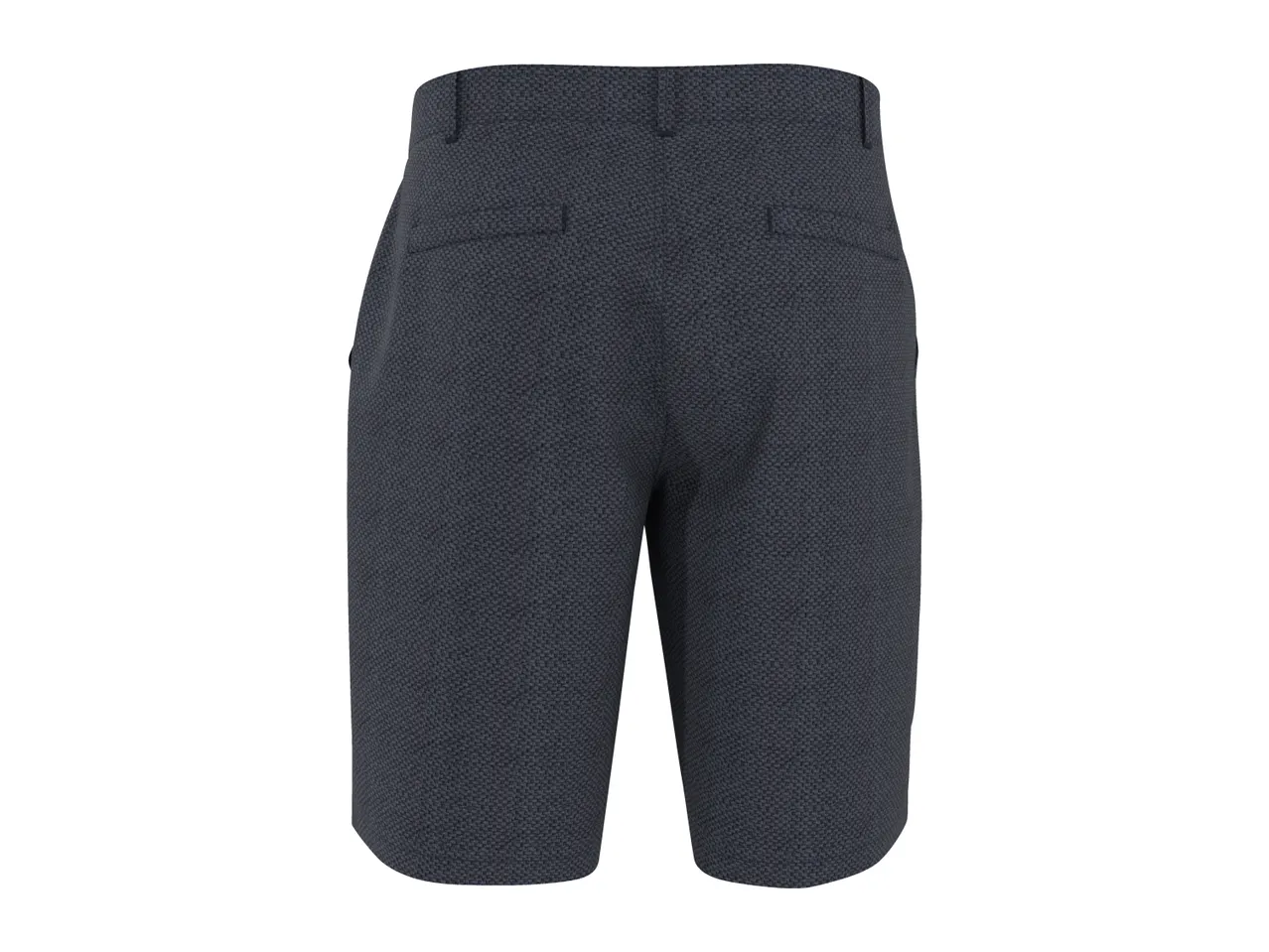 Dark blue men's shorts with a textured fabric, seen from the back.