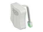 White toilet bowl night light with a motion sensor and a green glowing tip