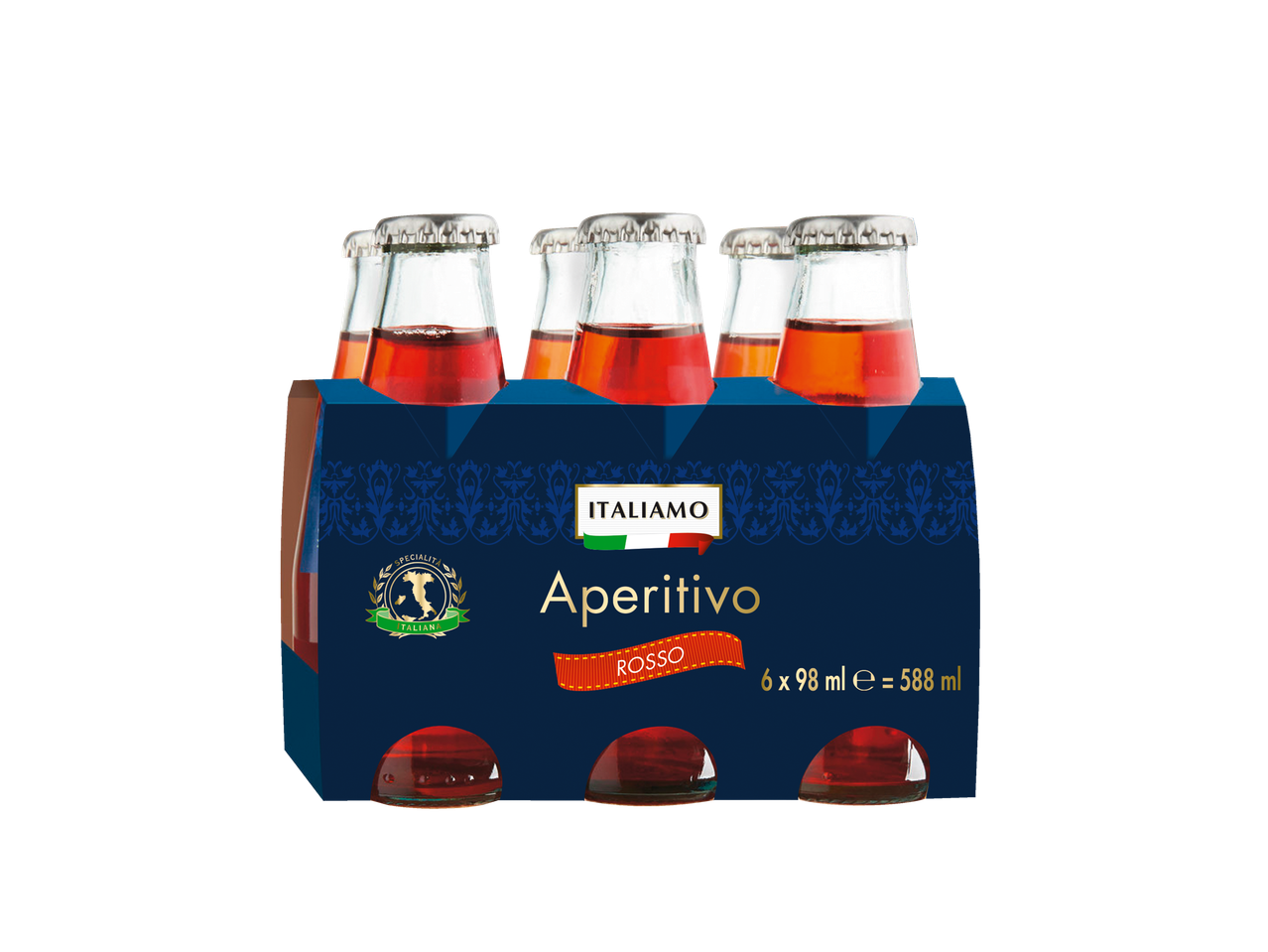 ITALIAMO Aperitivo Rosso: Șase sticle a câte 98 ml de aperitiv roșu italian într-un carton albastru.