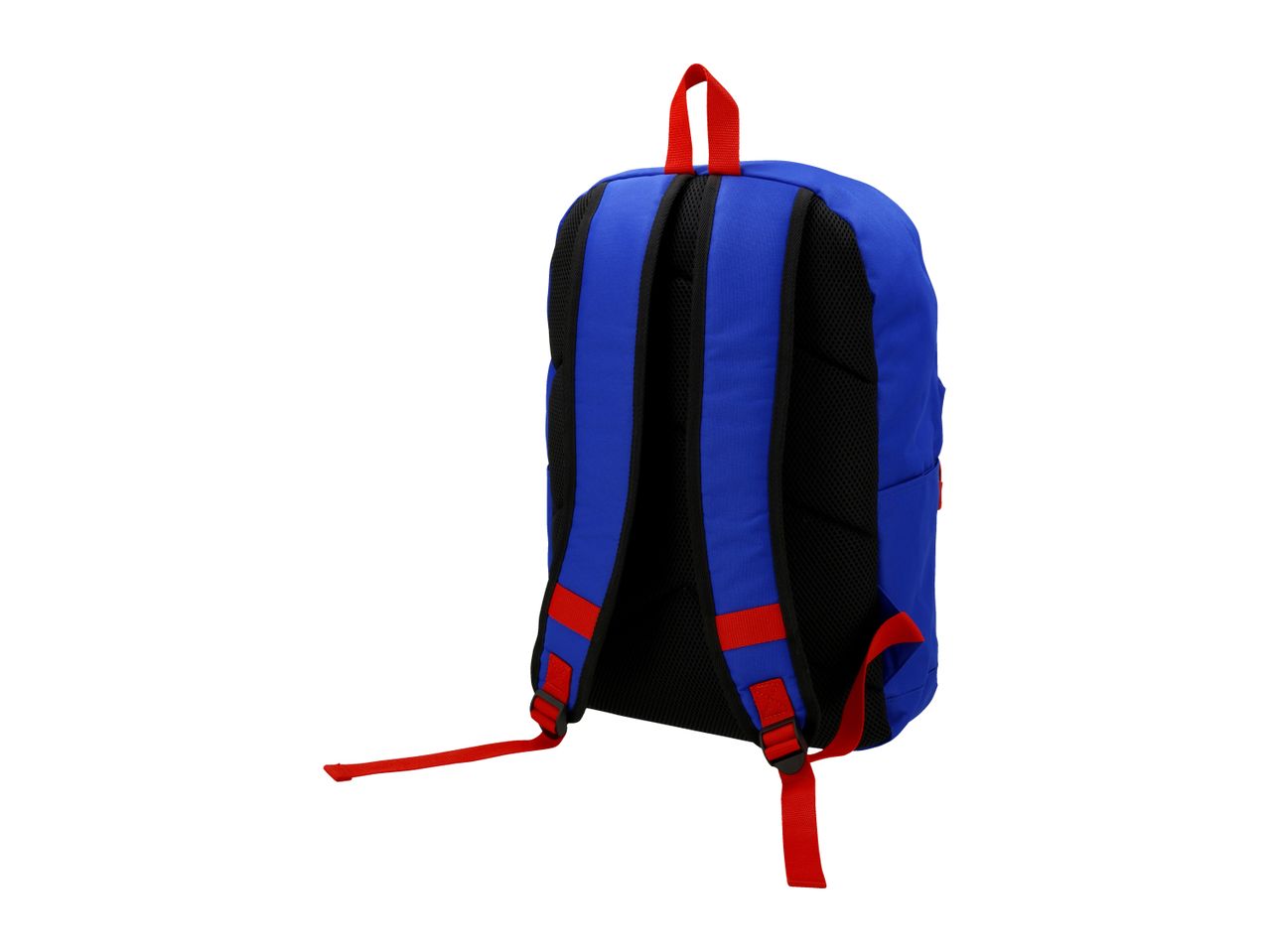 Blue backpack with red straps and black mesh padding on a white background.