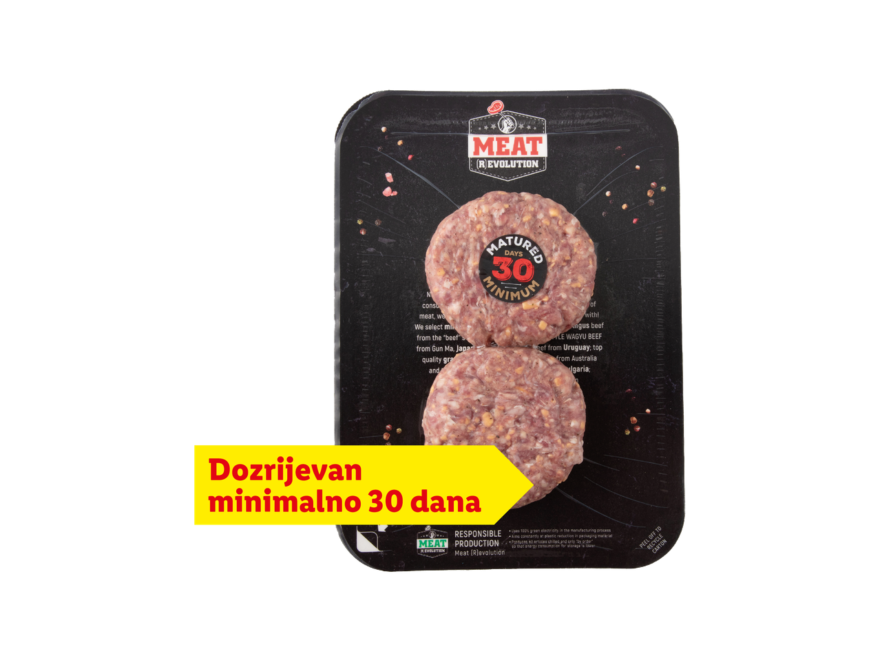 Pakiranje od dva mesna burgera s natpisom „Dozrijevan minimalno 30 dana“.