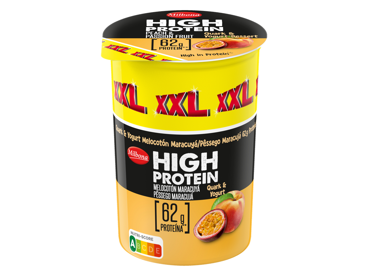 Milbona High Protein iogurte com pêssego e maracujá.