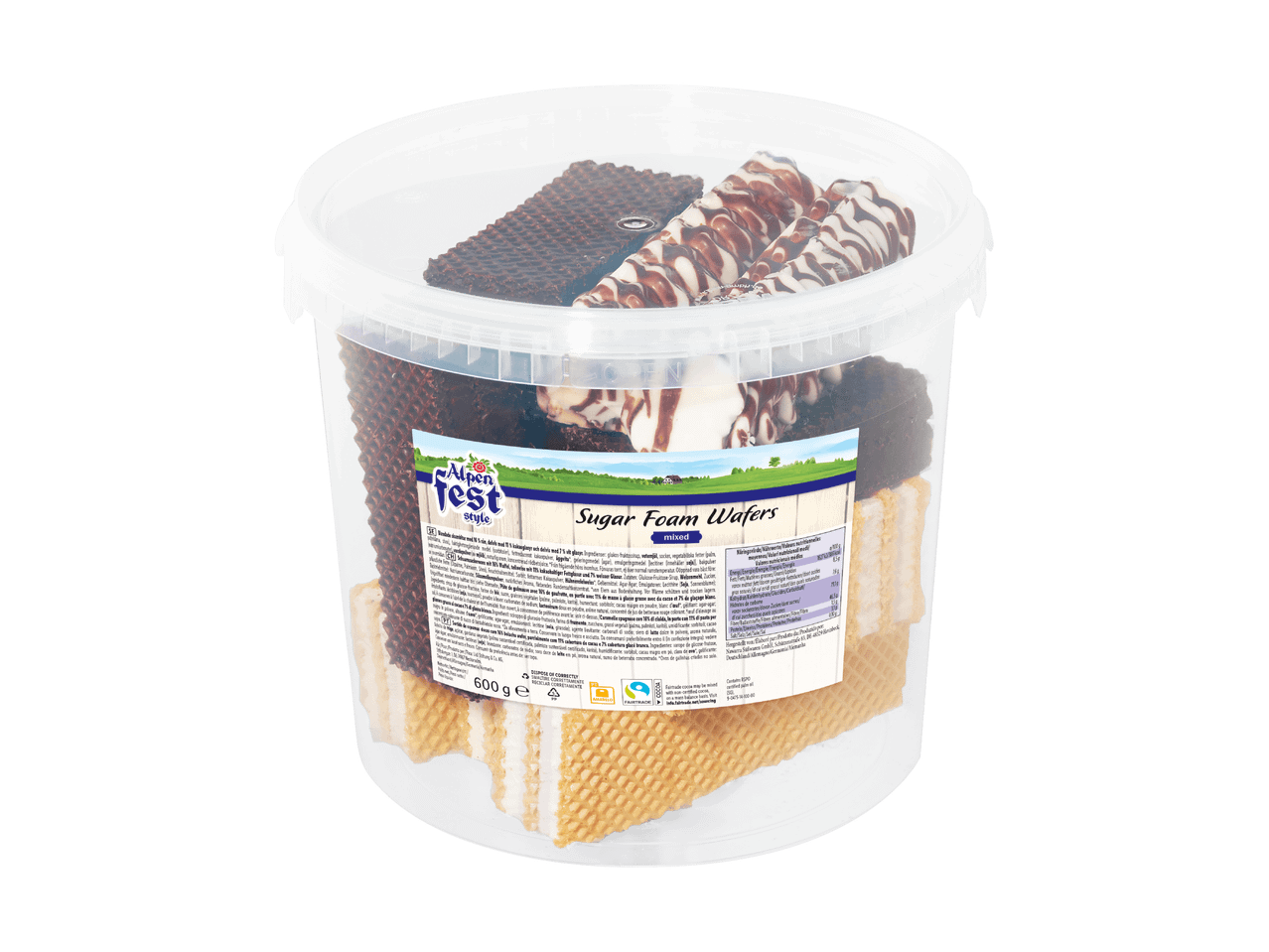 Un contenant transparent de gaufrettes mélangées Alpenfest, y compris des gaufrettes au chocolat et des gaufrettes glacées.