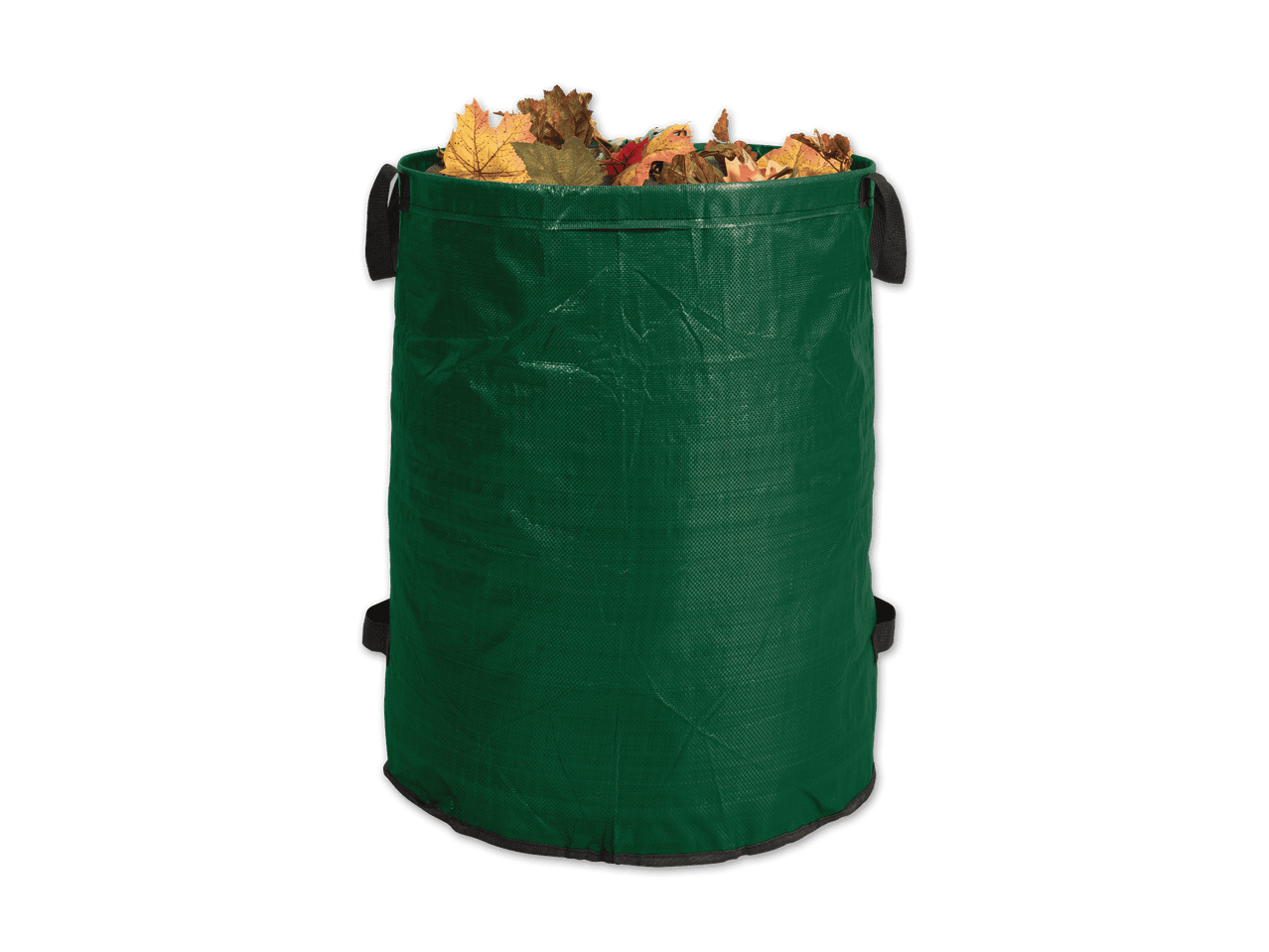 Grüner Gartensack gefüllt mit Herbstlaub.