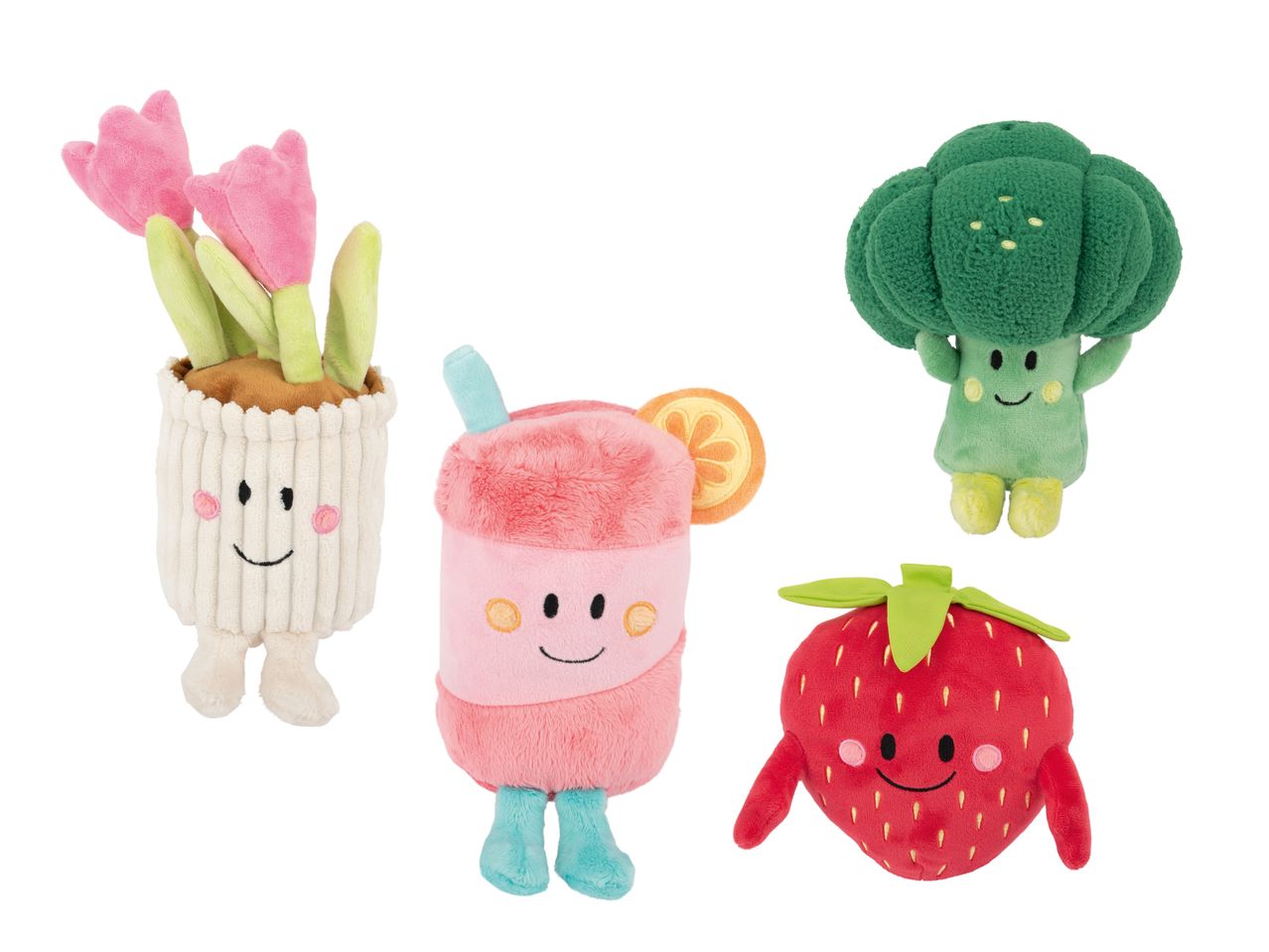 Vier Plüschtiere: ein Blumentopf mit Tulpen, ein Getränk, Brokkoli und eine Erdbeere, alle mit Gesichtern.