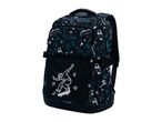 Black backpack with a skateboarder graphic and teal skateboard patterns.
